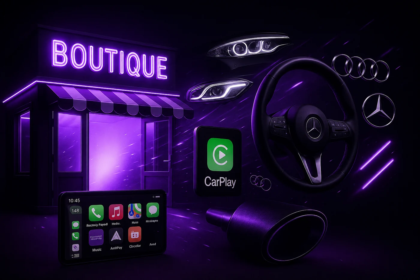 Vitrine boutique NS Auto avec volant Mercedes et écran CarPlay